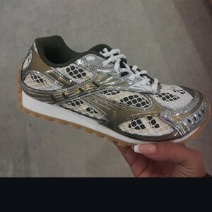 Bottega Veneta White and Gold Sneakers